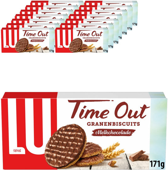 Lu time out granenbiscuits koekjes naturel met chocolade - doos 14 x 171g - granen - koek voor onderweg - koffie - thee - werk - voorraad