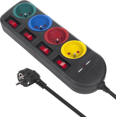 Maclean - stekkerdoos met schakelaars met penaarde - 4-voudig + 2x usb - 250vac 10a, 2,1a 5v - 1.5m - zwart