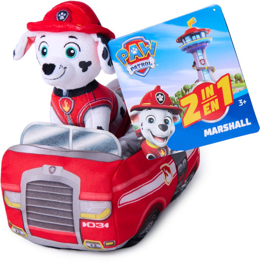 Paw patrol 2 in 1 pluche knuffel marshall met voertuig - 15cm