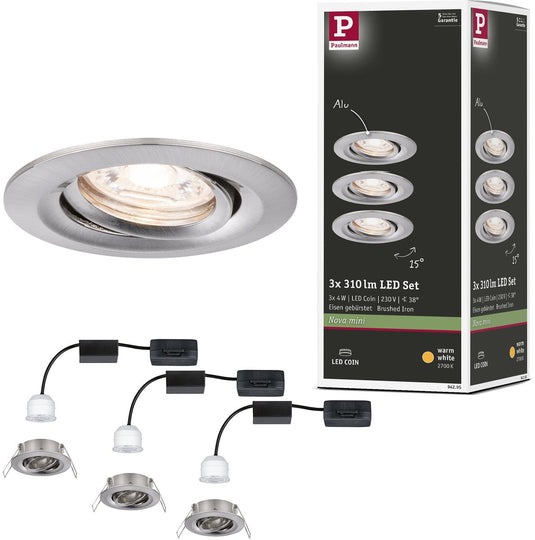 Paulmann led-inbouwlamp nova mini coin basisset zwenkbaar rond 66 mm 15° coin 3x4w 3x310lm 230v 2700k staal geborsteld
