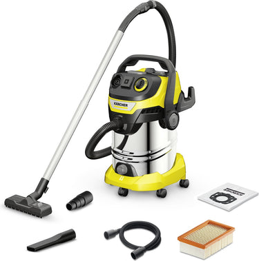 Karcher kärcher wd 6 p s v-30 6 22 t nat- en droogzuiger - 1300 w - 30 liter - geïntegreerd stopcontact - rvs zuigbuizen - rvs container - afvoerschroef - vlakfilter