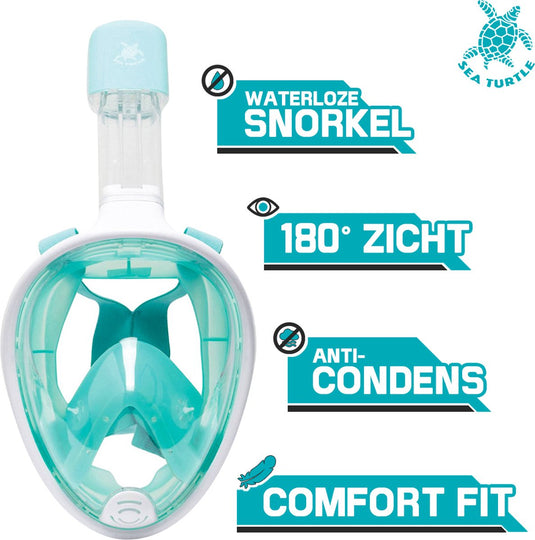 Sea turtle snorkelmasker - snorkel - duikbril - snorkelset - full face masker - volwassenen - wit turquoise - l xl
