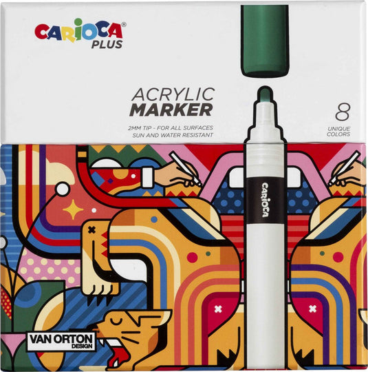 Carioca plus acrylic markers - 8 kleuren - acrylstiften met 2 mm punt - geschikt voor papier, hout, glas steen