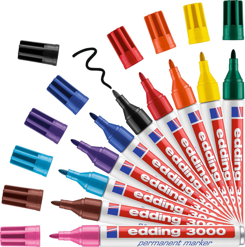 Load image into Gallery viewer, Edding 3000 permanent marker - 10 kleuren - 10 stiften - ronde punt 1,5-3 mm - water en wrijfvast - voor karton, kunststof, hout, metaal, etc. - alcohol markers voor volwassenen
