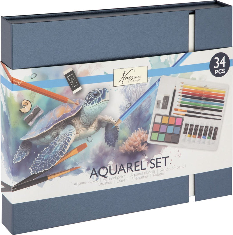 Load image into Gallery viewer, Nassau fine art aquarelverf startersset 34pcs - giftset met aquarelverf napjes, aquarelverf tubes, potloden penselen - hobbyverf voor volwassenen - schilderen voor volwassenen
