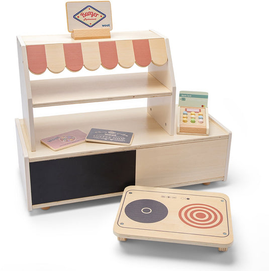 Woet ® houten mini restaurant winkeltje speelgoed - inclusief 3 dubbelzijdige thema bordjes, pinapparaat en omkeerbaar kookplaat dienblad - fantasierijk rollenspel - vanaf 3 jaar