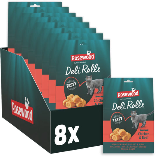 Rosewood deli rolls kip rund - kattensnack met kip - zonder toegevoegd zout of suiker - 8 zakjes à 40g