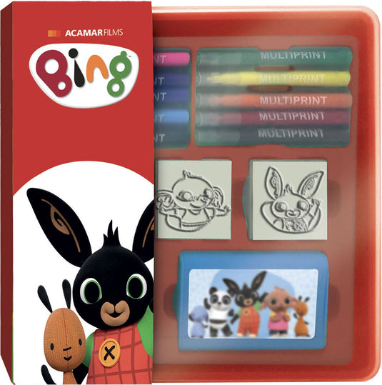Multiprint bing stempelset en viltstiften in opbergbox voor kinderen.