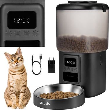 Peluvio crispy automatische voerbak kat - automatische kattenvoerautomaat – 4,5l droogvoer – timer tot 4 maaltijden – lcd-scherm – rvs voerbak – noodstroom op batterijen – zonder app