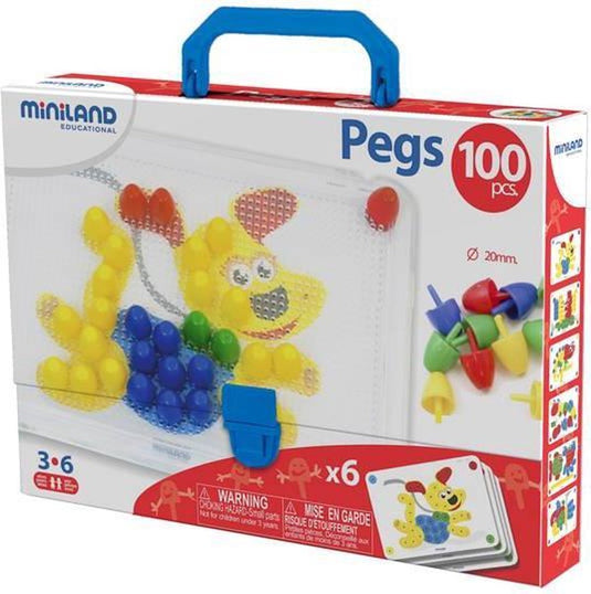 Miniland mozaïek pegs - 20mm - 100 pinnetjes - in doos met handvat - 3 jaar