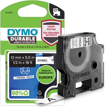 Dymo labeltape d1 durable vinyl 12 mm x 5,5 m zwart op wit