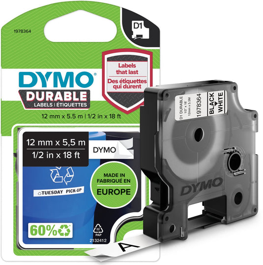 Dymo originele d1 duurzame labels | zwarte tekst op wit label | 12 mm x 5,5 m | zelfklevende etiketten voor de labelmanager labelprinter | gemaakt in europa