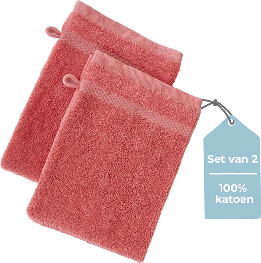 Hush. living hush living - washand 100% katoen - set van 2 - zware kwaliteit 500g m2 - stijlvol boord en ophanglus- 16x22cm - koraal