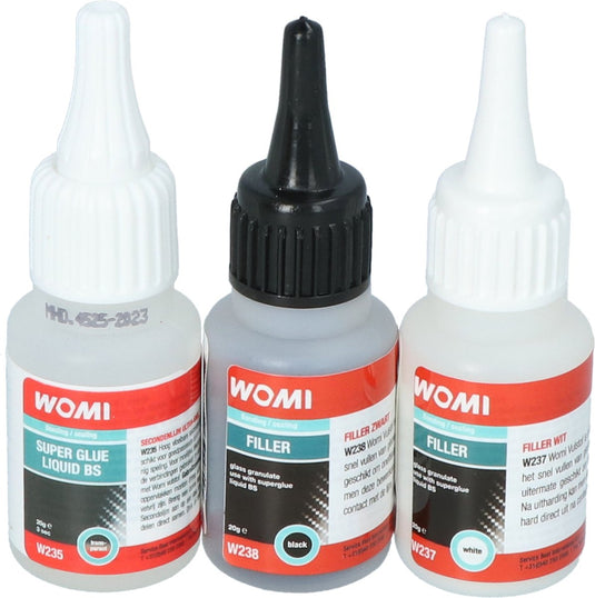 Womi superglue filler set – lijm + vulstof – snelle uitharding – extreem sterke reparatie – multimateriaal