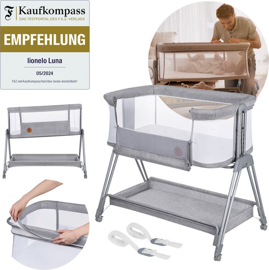 Lionelo luna – 2-in-1 babybedje co-sleeper – geboorte tot 9 kg – 7 hoogtestanden – kantelbaar matras – mesh zijkanten – wielen met blokkade – wasbare hoes – inclusief opbergmand