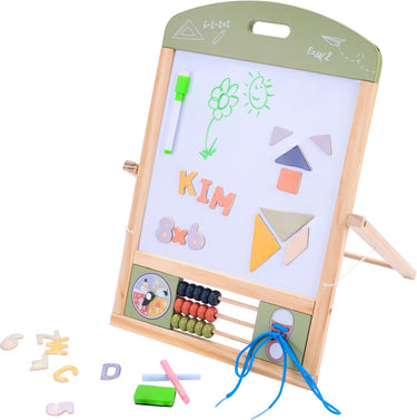 Jack jacky tafel schoolbord whiteboard – multifunctioneel 2-in-1 educatief speelbord – krijt- en magnetisch bord – leerbord met klok telraam – motoriek leren oefenen – inclusief accessoires – engelhart
