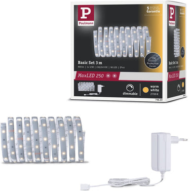 Paulmann maxled 250 led strip basisset 3m 2700k 3m gecoat ip44 12w 300lm m 30 leds m 2700k 24va