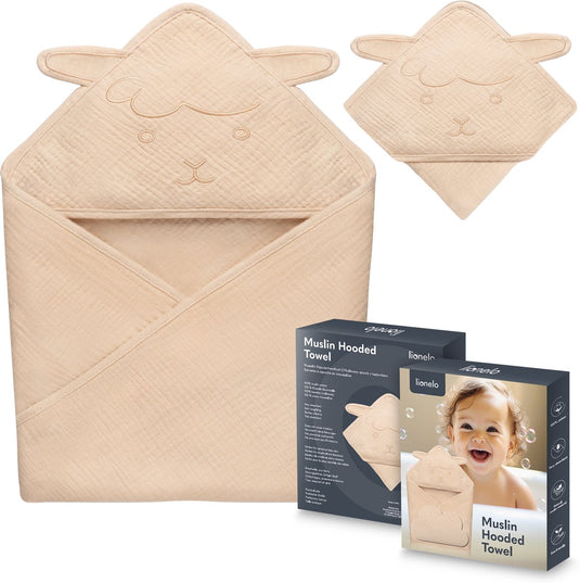 Lionelo muslin hooded baby towel – zachte babyhanddoek met capuchon van 100% katoenen mousseline – zachte badcape met capuchon – ademend, hypoallergeen irritatievrij – uitstekende absorptie – voor pasgeborenen oudere kinderen – 75x75 cm