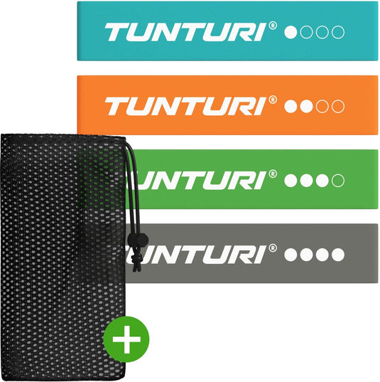 Tunturi 4 weerstandsbanden set - mini power body band - weerstandsband - fitness elastiek - fitnessband - trainingsband - gymnastiekband - incl. gratis fitness app