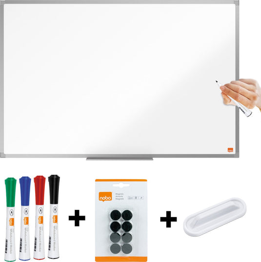 Nobo essence magnetisch whiteboard set 90x60cm - met starterskit - met pennengoot - bord van gelakt staal - wit