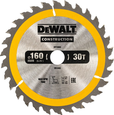 Dewalt cirkelzaagblad voor hout | construction | ø 160mm asgat 20mm 30t - dt1932-qz