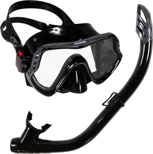 Atlantis samana pro combo - snorkelset - snorkel duikbril - versterkt glas - dry top - luxe bewaartas - volwassenen - zwart grijs
