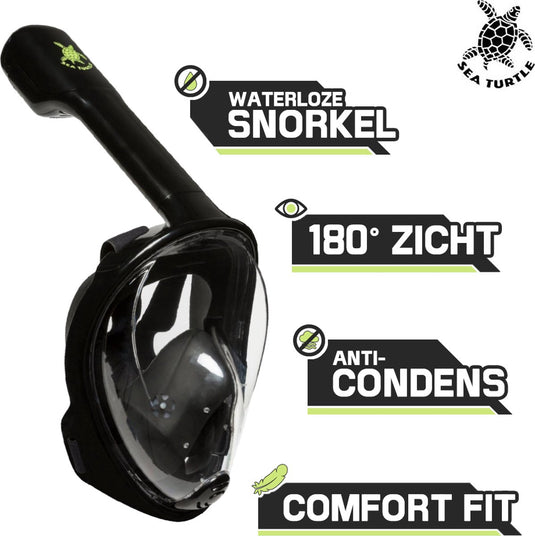 Sea turtle snorkelmasker - snorkel - duikbril - snorkelset - full face masker - volwassenen - zwart - s m