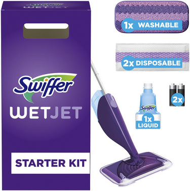 Swiffer wetjet startset alles-in-één dweilsysteem voor iedere vloer - inclusief 2 wegwerpdoekjes + 1 wasbaar doekje + 500 ml schoonmaakmiddel