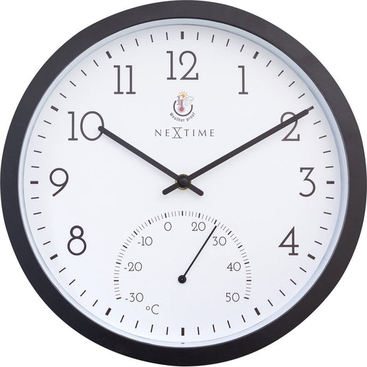 Nextime marigold – buitenklok – 30.5 cm – metaal – zwart wit – weerbestendig – met thermometer