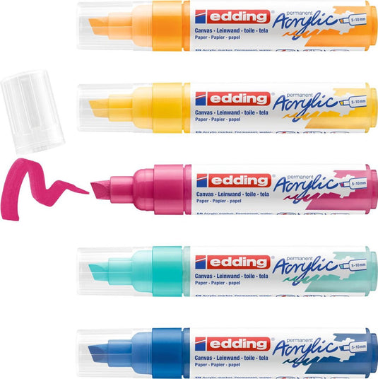 Edding 5000 acrylstiften breed - geel, zonne-geel, blauw, roze, turquoise - set met 5 acrylkleuren (abstract) - beitelpunt 5-10 mm - acrylverf voor schilderen op canvas, hout - acrylstiften, watervast