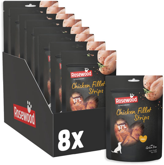 Rosewood chicken fillet strips small - hondensnack voor kleine honden - 97% kip - eiwitrijk vetarm - zonder kunstmatige toevoegingen - 8 zakjes à 170g