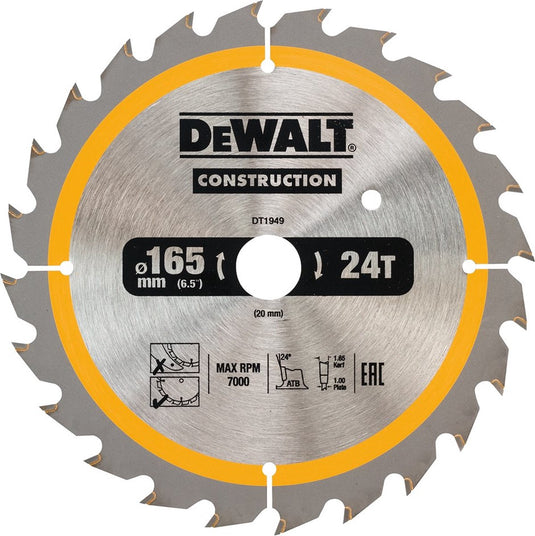 Dewalt dt1949-qz - cirkelzaagblad - 165mm - 24 tanden - 20mm asgat