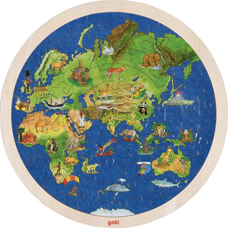 Load image into Gallery viewer, Goki dubbelzijdige houten puzzel - wereldbol, 57st.
