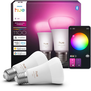 Philips hue slimme led a67 bulb, wit en gekleurd licht, e27 fitting, 2-pack