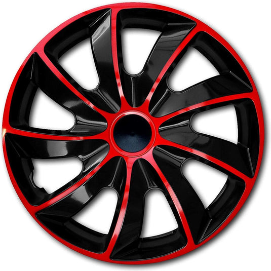 Quad set van 14 wieldoppen, rood en zwart, 4 stuks