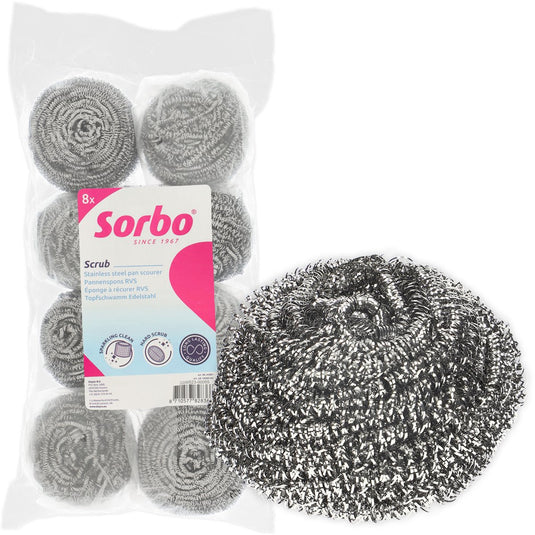 Sorbo rvs schuursponsjes - 8 stuks - metaalspons voor pannen, oven en grill - extra sterk - 40 gram