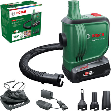 Bosch easyinflate 18v-500 - acculuchtpomp - incl. 1x 18v 2,0 ah accu - lader - 3 mondstukken - 50cm slang - opbergtas