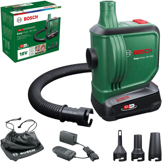 Bosch easyinflate 18v-500 - acculuchtpomp - incl. 1x 18v 2,0 ah accu - lader - 3 mondstukken - 50cm slang - opbergtas