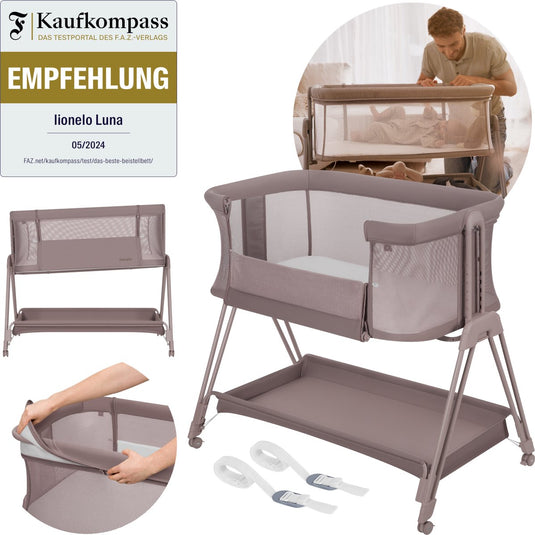 Lionelo luna – 2-in-1 babybedje co-sleeper – geboorte tot 9 kg – 7 hoogtestanden – kantelbaar matras – mesh zijkanten – wielen met blokkade – wasbare hoes – inclusief opbergmand
