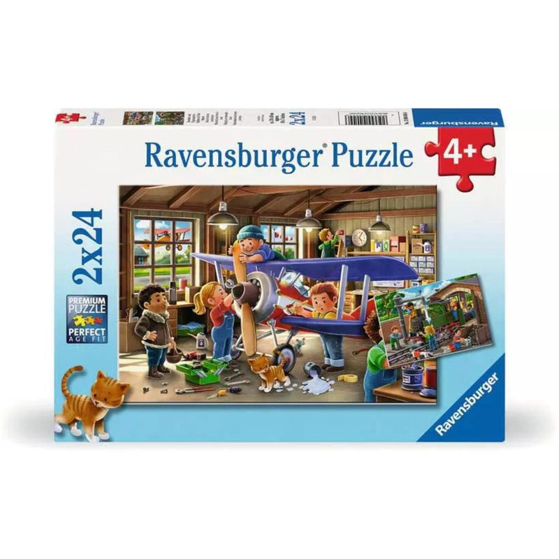 Load image into Gallery viewer, Ravensburger legpuzzel vliegtuig en trein reparatie, 2x24st.
