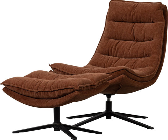 Woood kube draaifauteuil met hocker - chenille stof - bruin