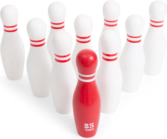 Bs toys bowling kegelspel - actiespel - bowlingset kinderen - spelletjes voor kinderen - hout - kinder speelgoed 4 jaar - rood wit - 10 kegels - kinderspeelgoed - cadeau kind