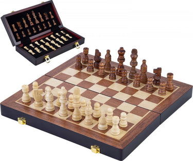 Engelhart schaakspel deluxe inklapbaar – houten schaakset van essenhout – luxe bruin schaakbord 38 x 38 x 5,8 cm – opklapbaar compact –
