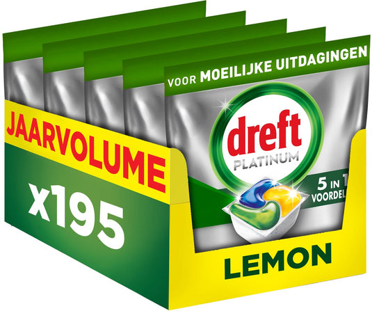 Dreft platinum vaatwascapsules citroen - moeilijke uitdagingen - vettig filter - 5 x 39 stuks