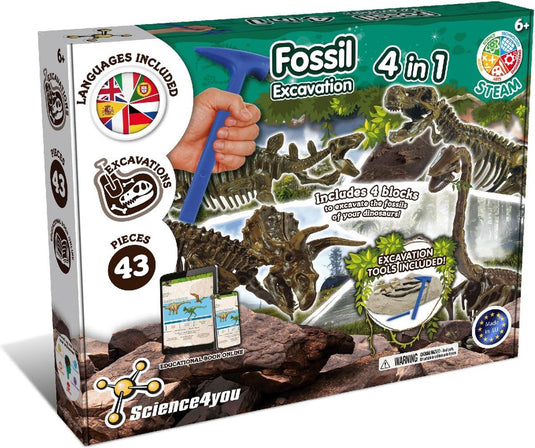 Science 4 you science4you fossil excavation 4-in-1 kit - dinosaurus fossielen opgraven - opgravingsset dino - met beitel hamer