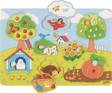 Goki houten achtergrond vormenpuzzel in de tuin, 8st.