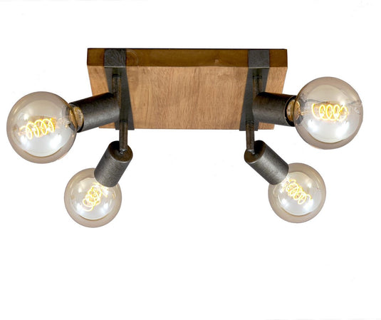 Briloner leuchten wood basic - plafondlamp vierkant - spots draaibaar - 4xe27 max. 25w - materiaal: hout en metaal - kleur: zwart en metaal grijs