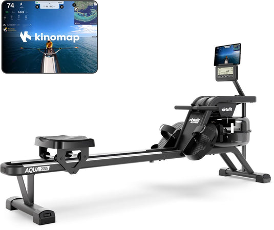 Virtufit aqua200i roeitrainer met waterweerstand - inklapbaar - dubbele rail - incl. display, tablethouder en transportwielen - kinomap fitshow - max. 120 kg en 200 cm - roeiapparaat - roeimachine