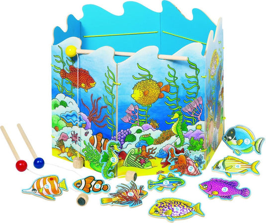Goki visserspel diam.30cm, 19-delig, met 2 hengels met magneetje, hout, 3+