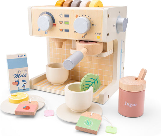 Woet ® houten koffiezetapparaat speelgoed - inclusief kopjes, melk, suiker en theezakjes - espressomachine voor kinderen - fsc - rollenspel keukenspeelgoed - vanaf 3 jaar